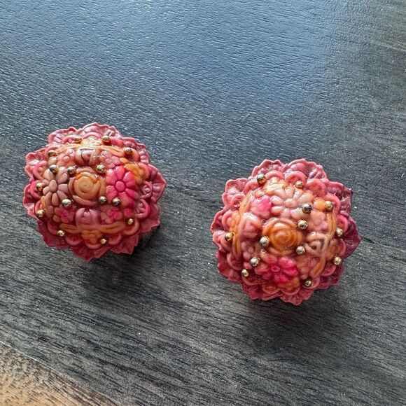 Vintage Orange Earrings Clip On Round Floral With Gold Beads Detail Retro - Picture 7 of 7